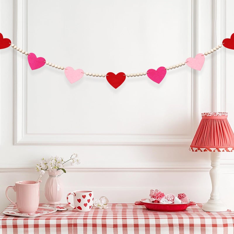 CESOF Valentines Garland Decorations, 7.2 FT Adjustable Pre-Assembled Red, Pink and Hot Pink Felt Heart Wood Beads Garland for Valentines Day Decor, Hanging Banner for Mantel Home Fireplace Wall Party Decor - Image 5