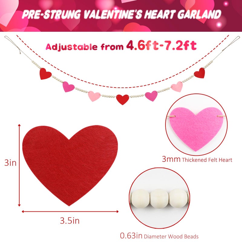 CESOF Valentines Garland Decorations, 7.2 FT Adjustable Pre-Assembled Red, Pink and Hot Pink Felt Heart Wood Beads Garland for Valentines Day Decor, Hanging Banner for Mantel Home Fireplace Wall Party Decor - Image 4