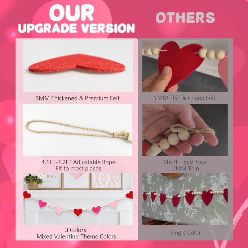CESOF Valentines Garland Decorations, 7.2 FT Adjustable Pre-Assembled Red, Pink and Hot Pink Felt Heart Wood Beads Garland for Valentines Day Decor, Hanging Banner for Mantel Home Fireplace Wall Party Decor - Image 2