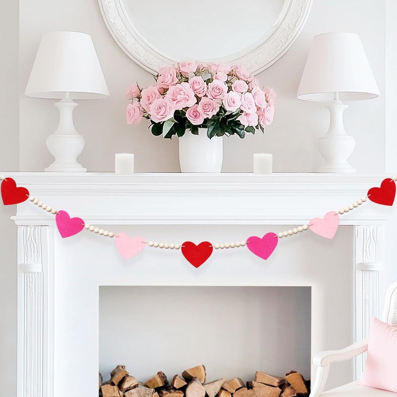 CESOF Valentines Garland Decorations, 7.2 FT Adjustable Pre-Assembled Red, Pink and Hot Pink Felt Heart Wood Beads Garland for Valentines Day Decor, Hanging Banner for Mantel Home Fireplace Wall Party Decor - Image 1
