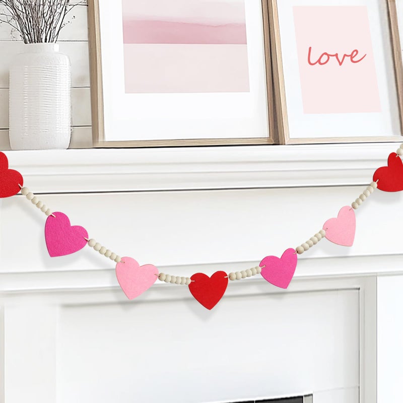CESOF Valentines Garland Decorations, 7.2 FT Adjustable Pre-Assembled Red, Pink and Hot Pink Felt Heart Wood Beads Garland for Valentines Day Decor, Hanging Banner for Mantel Home Fireplace Wall Party Decor - Image 3