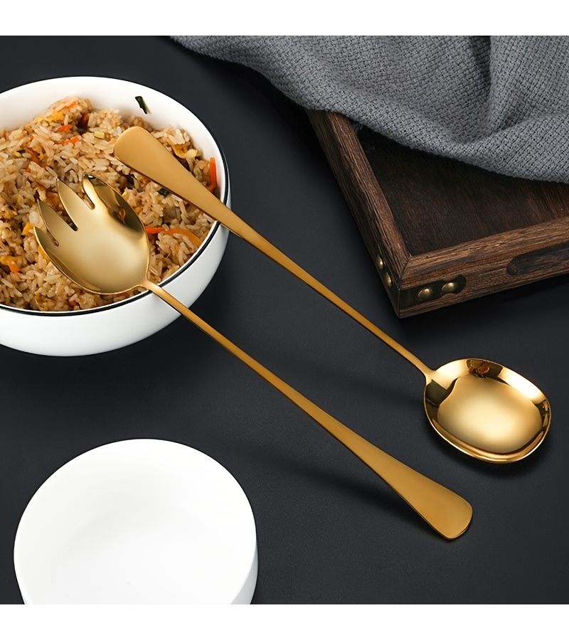 3 Piece Golden Stainless Steel Extra Long Handle Serving Spoon Salad Fork Colander Buffet Spoon Cutlery Set - Image 5