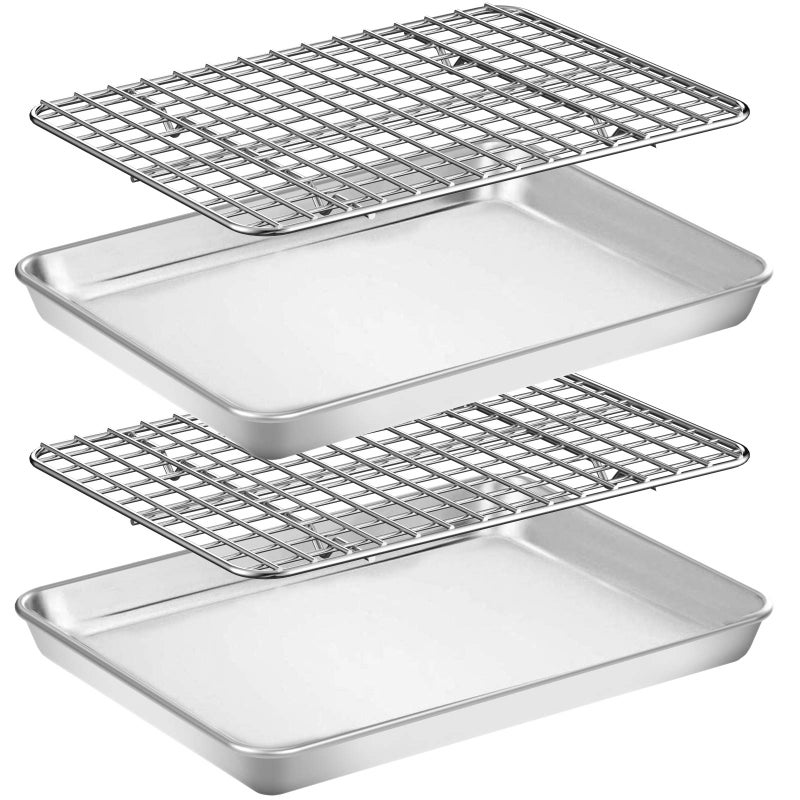 Baking Sheet with Rack Set 2 Pans  2 Racks Wildone Stainless Steel Cookie Sheet Baking Pan Tray with Cooling Rack Size 9 x 7 x 1 Inch Non Toxic  Heavy Duty  Easy Clean