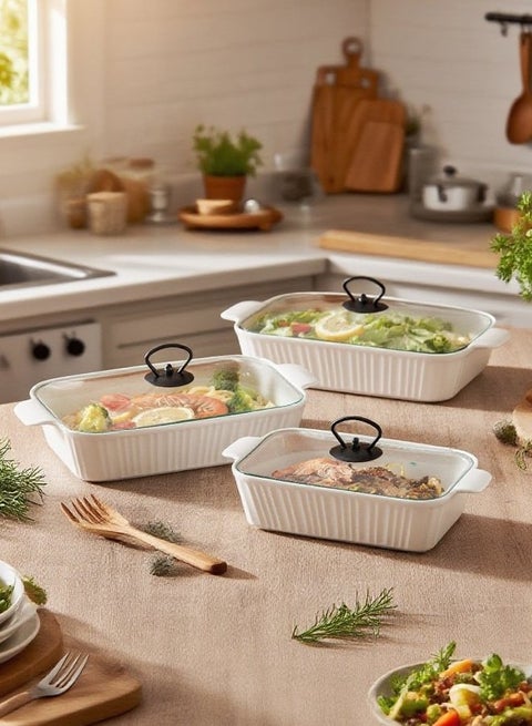 3-Piece Rectangular Porcelain Baking Dish Set W/Glass Lid White/Black, Sizes 10 + 12 + 14.5 Inch