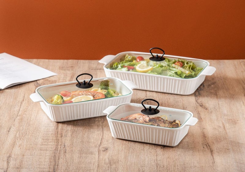 دوف طقم أطباق خبز مستطيلة من البورسلان مكوّن من 3 قطع مع غطاء زجاجي – أبيض/أسود، بالمقاسات 10 + 12 + 14.5 بوصة - Image 2