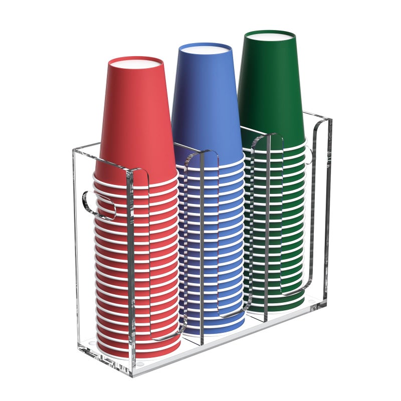 BOSSCASA Disposable Coffee Cup Dispenser with Handles Countertop or Wall Mount HotCold Drink Cup and Lid Holder  BathroomKitchenOffice Acrylic Cup Lid Storage Organizer 3 Compartments Clear