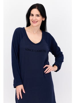 VINCE CAMUTO Women Brand Logo Long Sleeves Sleepwear Dress, Navy  - Image 2
