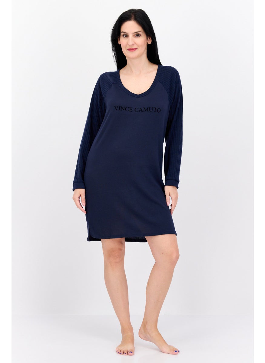 VINCE CAMUTO Women Brand Logo Long Sleeves Sleepwear Dress, Navy  - Image 1