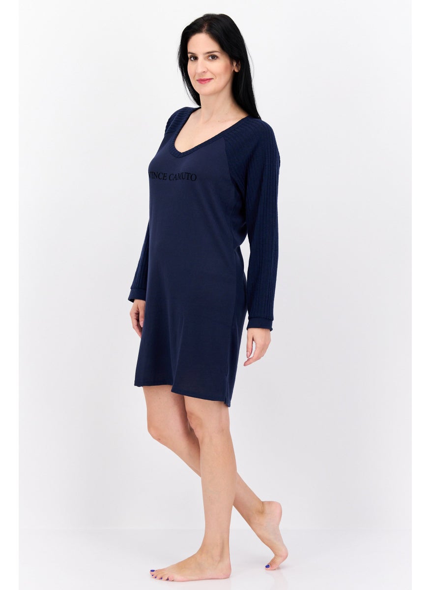 VINCE CAMUTO Women Brand Logo Long Sleeves Sleepwear Dress, Navy  - Image 4