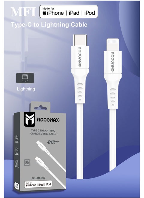 Type-C to lightning plastic charging and sync cable 1M supports fast charging certificated from Apple MFI. White from Moogmax