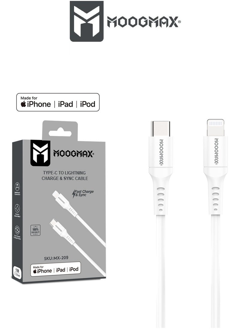 MOOGMAX - Type-C to lightning plastic charging and sync cable 1M supports fast charging certificated from Apple MFI. White from Moogmax - Image 1
