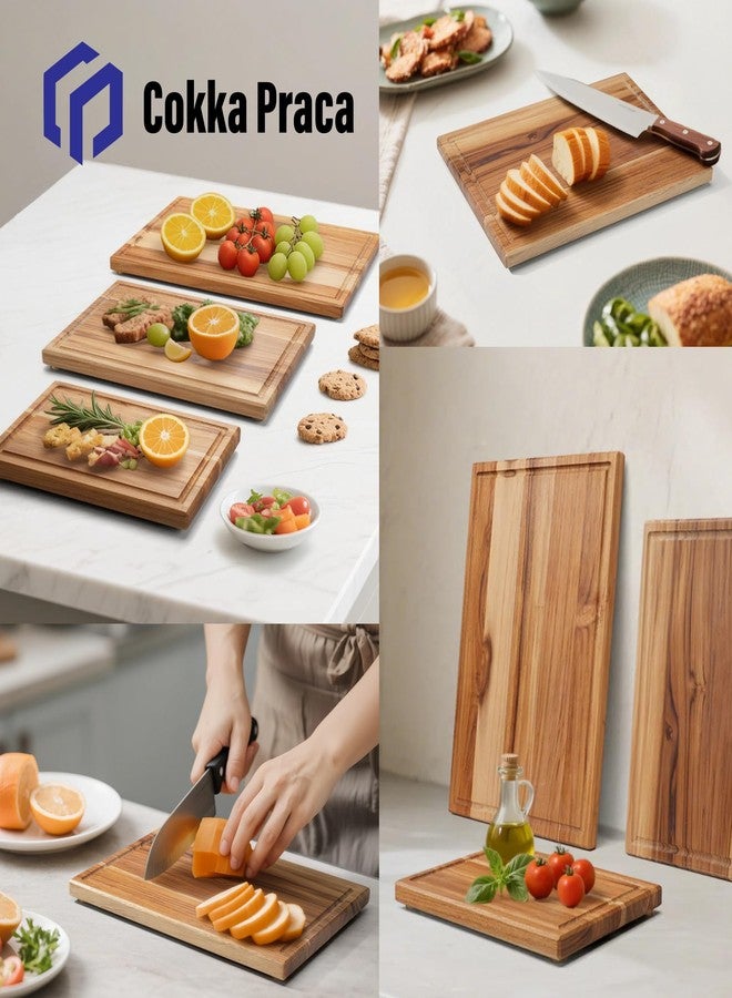 Cokka Praca Teak Cutting Board Set with Stand | 3 Pcs Durable Wooden Cutting Boards for Kitchen | Splinter-Free & No Cracking Design | Non-Slip Wood Cutting Boards with Deep Juice Groove - Image 4