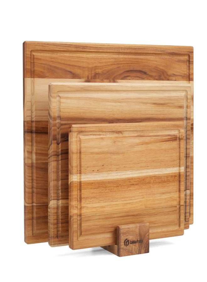 Cokka Praca Teak Cutting Board Set with Stand | 3 Pcs Durable Wooden Cutting Boards for Kitchen | Splinter-Free & No Cracking Design | Non-Slip Wood Cutting Boards with Deep Juice Groove - Image 1