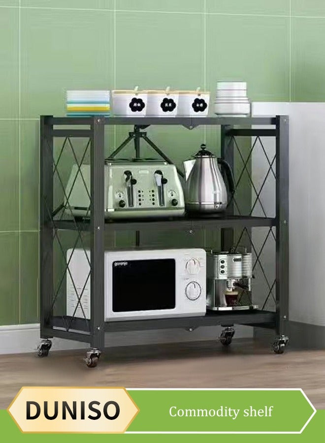 DUNISO 3 Layer foldable storage shelves, kitchen rack with casters, microwave rack, wheeled rack, suitable for living room, bedroom, kitchen, bathroom, office，71*38*86cm,black - Image 1