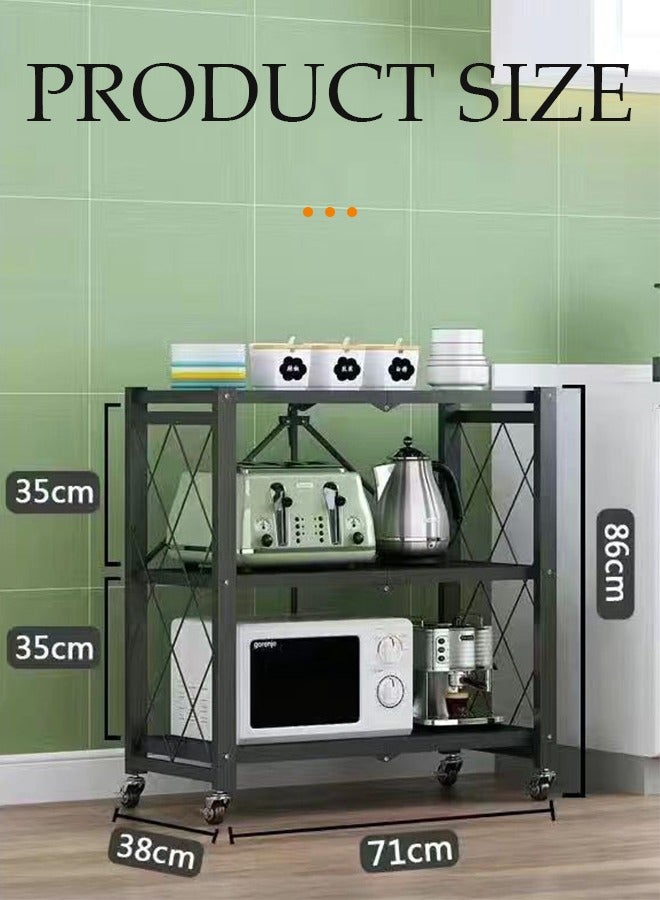 DUNISO 3 Layer foldable storage shelves, kitchen rack with casters, microwave rack, wheeled rack, suitable for living room, bedroom, kitchen, bathroom, office，71*38*86cm,black - Image 2