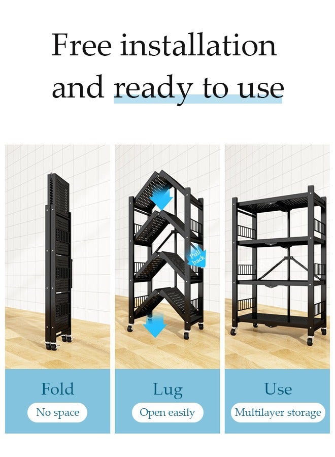DUNISO 3 Layer foldable storage shelves, kitchen rack with casters, microwave rack, wheeled rack, suitable for living room, bedroom, kitchen, bathroom, office，71*38*86cm,black - Image 4