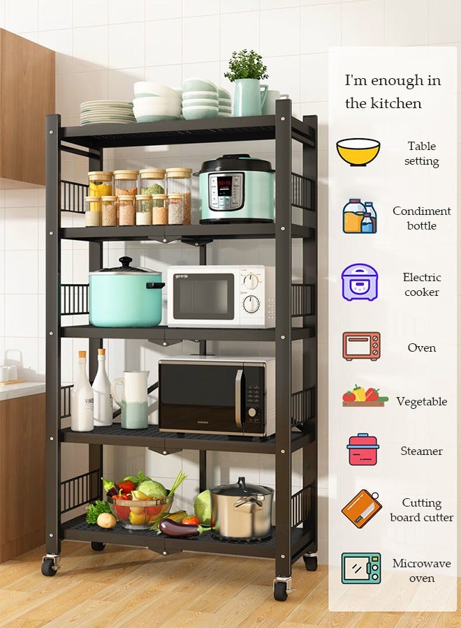 DUNISO 3 Layer foldable storage shelves, kitchen rack with casters, microwave rack, wheeled rack, suitable for living room, bedroom, kitchen, bathroom, office，71*38*86cm,black - Image 5
