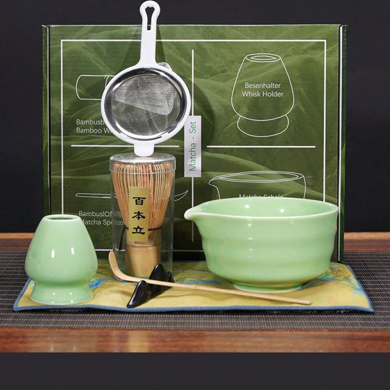 Matcha Set 7-Piece Ceramic Bowl With Pouring Spout - Bamboo Whisk Holder Scoop - Waterproof Tea Mat for Traditional Tea Ceremony - Image 4