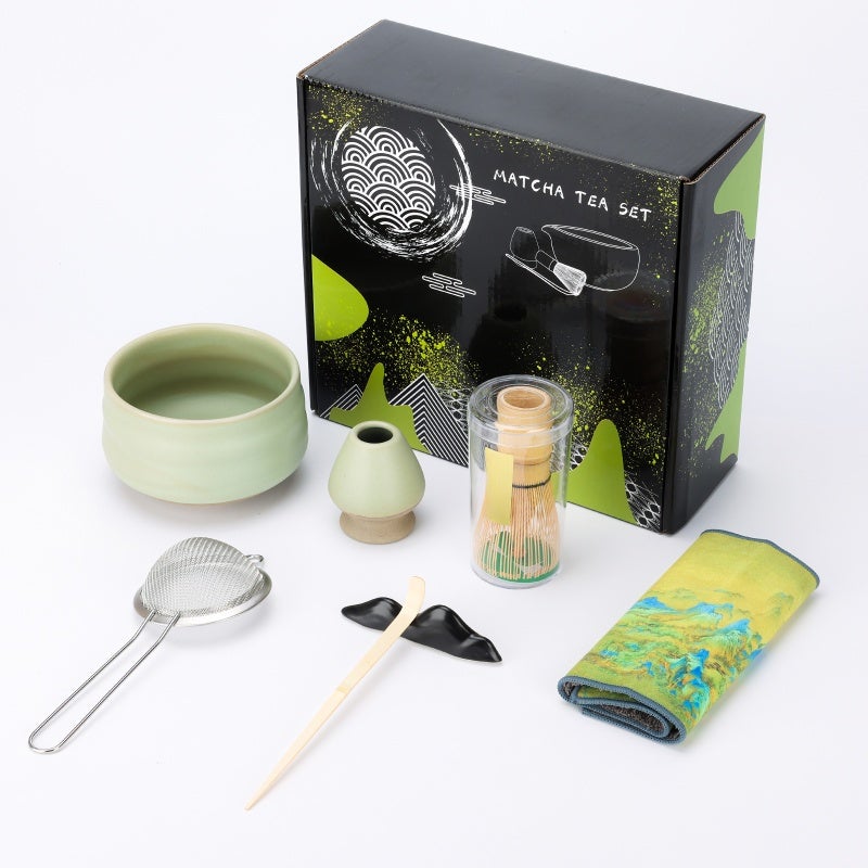 Matcha Set 7-Piece Ceramic Bowl With Pouring Spout - Bamboo Whisk Holder Scoop - Waterproof Tea Mat for Traditional Tea Ceremony - Image 1