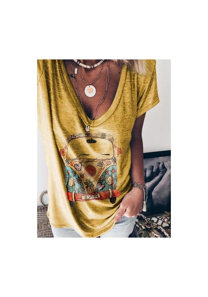 wish 2020 women's casual V-neck short sleeve loose maxi car print T-shirt - Image 1