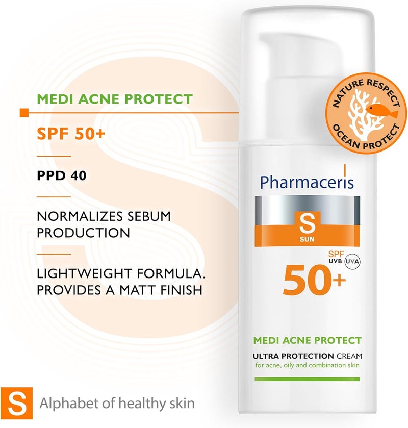 Pharmaceris فارما سيريس إس ميدي أكني بروتكت 50 مل واقي شمس خالي من الزيت SPF 50+ للبشرة الدهنية والمعرضة لحب الشباب - Image 4