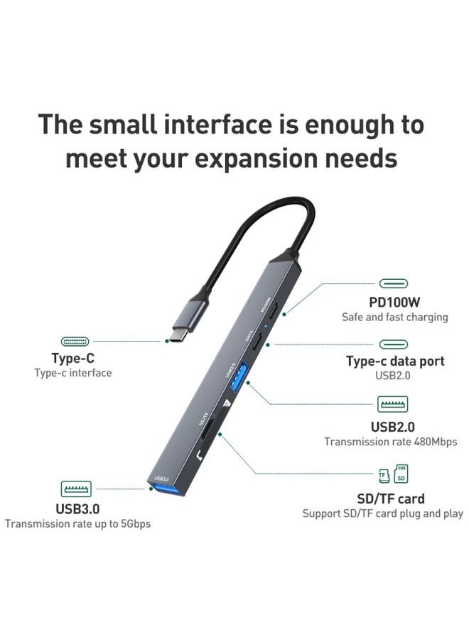 BURAQ - ADS-807 PD100 6 in 1 Type-C to PD100W + USB3.0 + USB2.0 + SD/TF HUB Docking Station(Space Grey) - Image 1