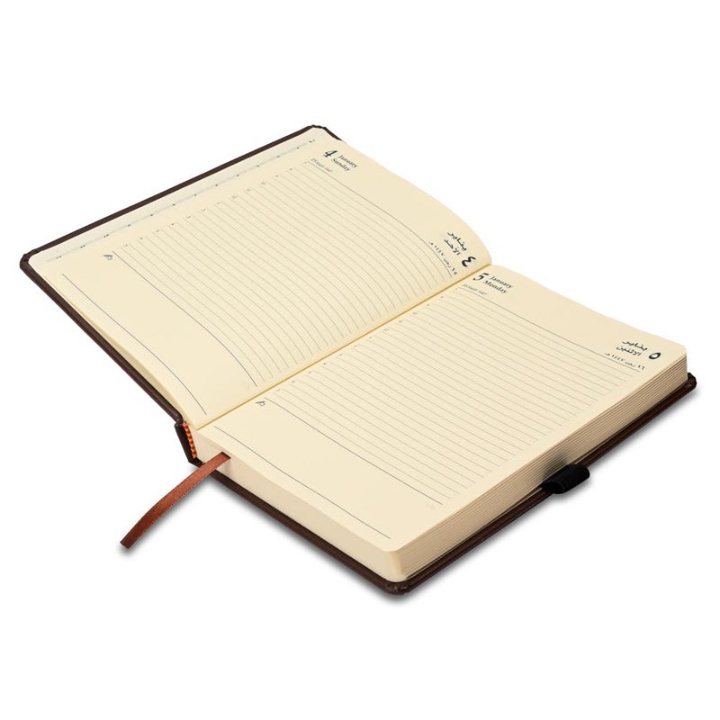 FIS مفكرة FIS 2026 A5، 148x210 مم، غلاف إيطالي PU مبطن من جهة واحدة، زوايا مدورة، شريط مطاطي مع علامة منزلقة، جيوب داخلية، عربي/إنجليزي، ورق إيطالي عاجي 70 جرام، غلاف بني داكن - FSDI84AE26DBR - Image 3