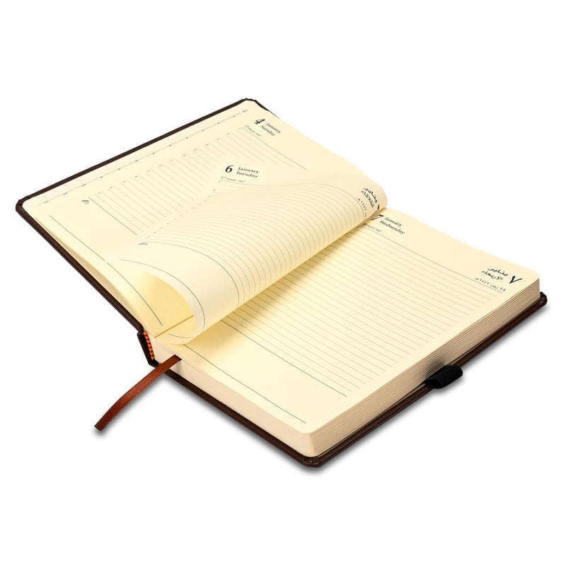 FIS مفكرة FIS 2026 A5، 148x210 مم، غلاف إيطالي PU مبطن من جهة واحدة، زوايا مدورة، شريط مطاطي مع علامة منزلقة، جيوب داخلية، عربي/إنجليزي، ورق إيطالي عاجي 70 جرام، غلاف بني داكن - FSDI84AE26DBR - Image 4