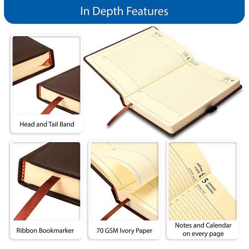 FIS مفكرة FIS 2026 A5، 148x210 مم، غلاف إيطالي PU مبطن من جهة واحدة، زوايا مدورة، شريط مطاطي مع علامة منزلقة، جيوب داخلية، عربي/إنجليزي، ورق إيطالي عاجي 70 جرام، غلاف بني داكن - FSDI84AE26DBR - Image 5