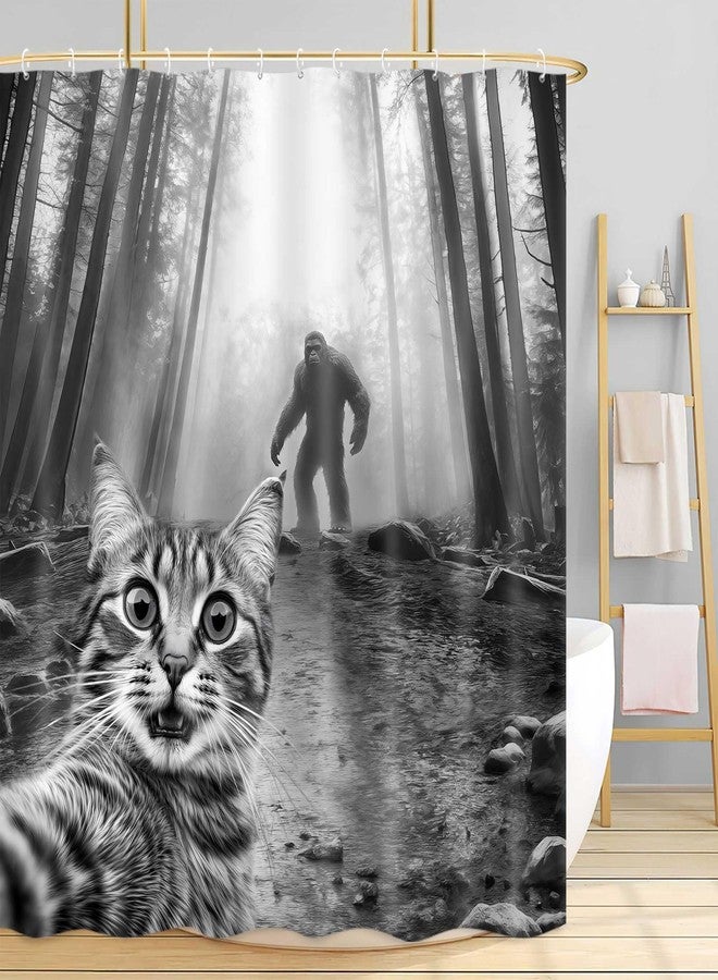JAWO Funny Cat Shower Curtain,Selfie Cat Big Foot Sasquatch Waterproof Bath Curtain, Funny Animal Misterious Forest Bathroom Decor, Fabric Shower Curtains with Hooks - Image 2