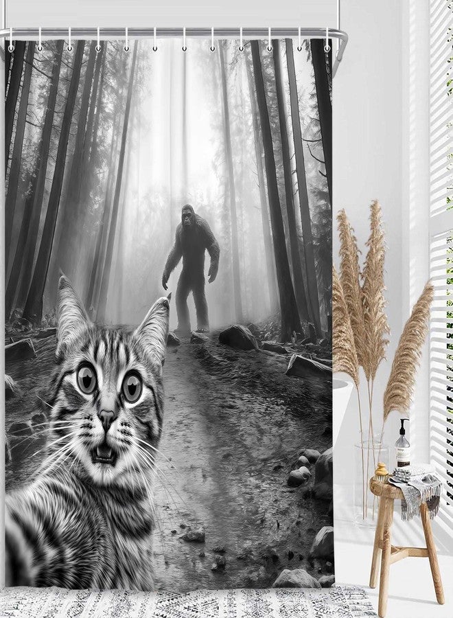 JAWO Funny Cat Shower Curtain,Selfie Cat Big Foot Sasquatch Waterproof Bath Curtain, Funny Animal Misterious Forest Bathroom Decor, Fabric Shower Curtains with Hooks - Image 1