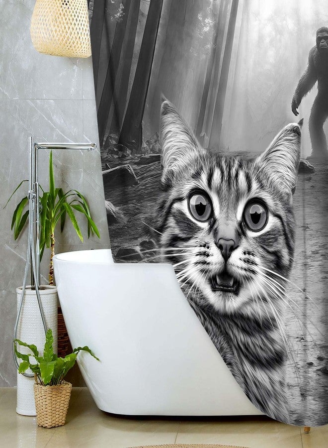 JAWO Funny Cat Shower Curtain,Selfie Cat Big Foot Sasquatch Waterproof Bath Curtain, Funny Animal Misterious Forest Bathroom Decor, Fabric Shower Curtains with Hooks - Image 4