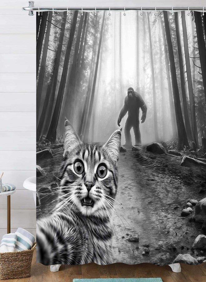 JAWO Funny Cat Shower Curtain,Selfie Cat Big Foot Sasquatch Waterproof Bath Curtain, Funny Animal Misterious Forest Bathroom Decor, Fabric Shower Curtains with Hooks - Image 3
