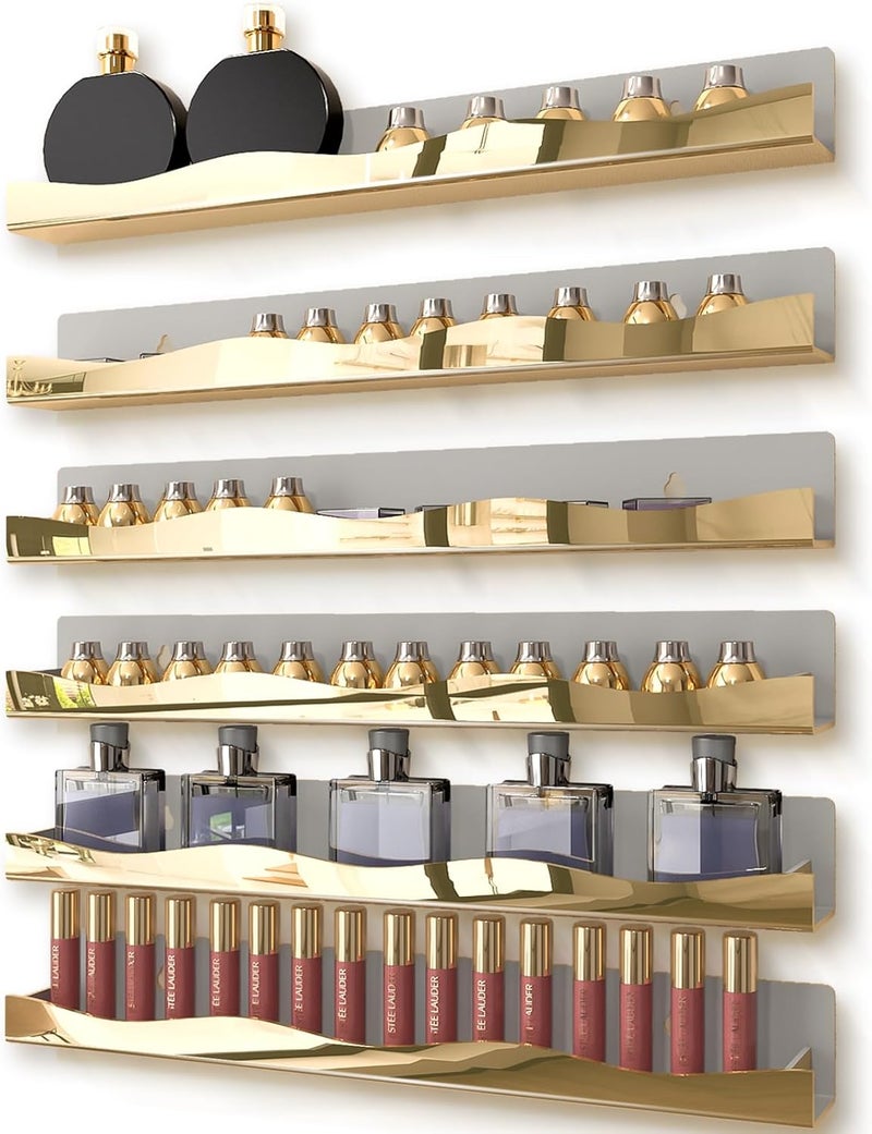 YMVV Mirror Gold Acrylic Nail Polish Rack, 15 Inch Wall Mounted Shelf Nail Polish Shelf, Sunglasses Essential Oil Storage Display Rack 6 Pack