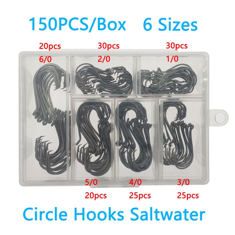Afmivs Circle Hooks Saltwater, 160pcs Fishing Hooks Saltwater, 6 Sizes Fish Hooks, Catfish Hooks Octopus Hooks, Saltwater Hooks #2#1 1/0 2/0 3/0 4/0, Black High Carbon Steel with Portable Plastic Box - Image 2