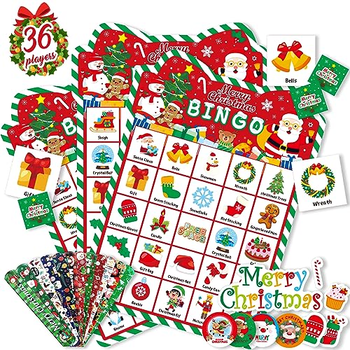 Funnlot Christmas Bingo Game Christmas Bingo for Kids Adults 36 Players Bingo Cards Christmas Games with Reward Stickers Christmas Slap Bracelets for Classroom Activities Family Party Favors Xmas Gifts - Image 1