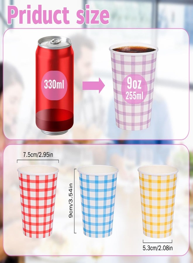 tchrules 9oz Gingham Disposable Paper Cups [100-Pack]- Double Wall Hot & Cold Drink Cups for Coffee/Tea Party, 4Color (25 Each) Checkered Cups Microwave Safe - Image 3