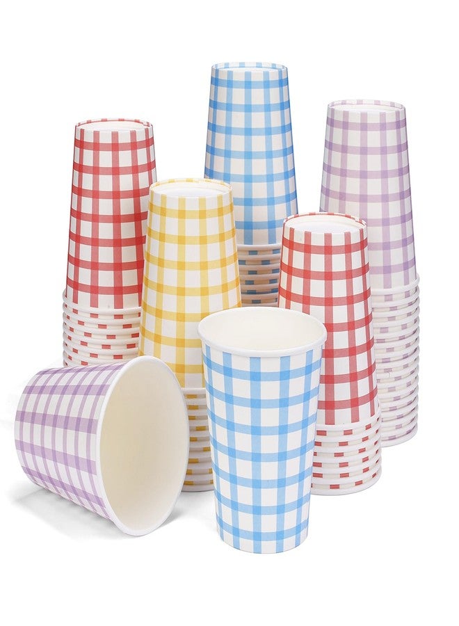 tchrules 9oz Gingham Disposable Paper Cups [100-Pack]- Double Wall Hot & Cold Drink Cups for Coffee/Tea Party, 4Color (25 Each) Checkered Cups Microwave Safe - Image 1