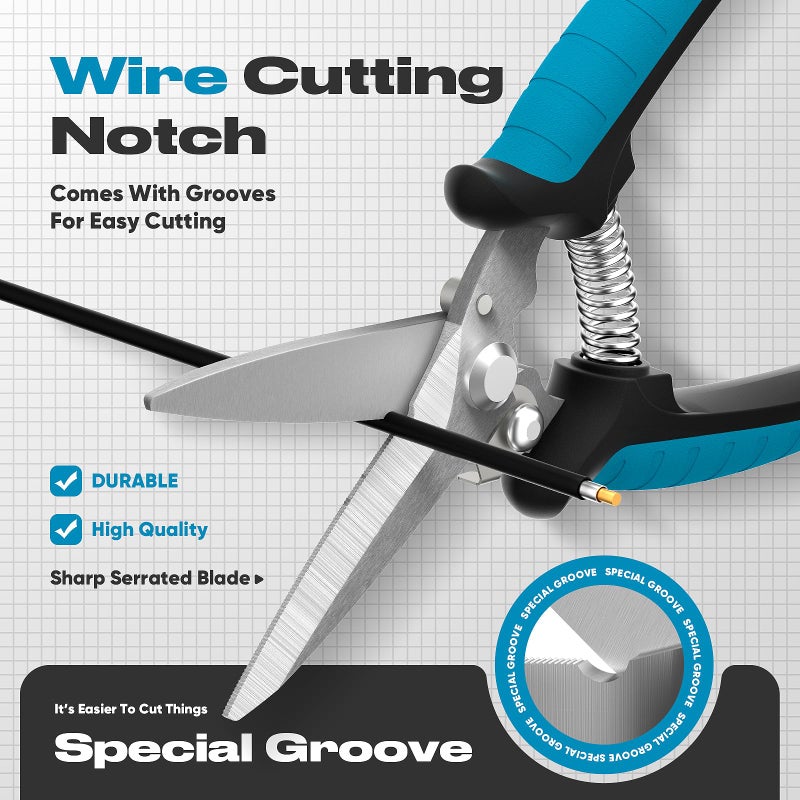Gartol 8"" Scissors All Purpose Heavy Duty - Razor-Sharp Tin Snips For Sheet Metal  Electrical Wires  Insulation  Ropes  Cardboard | Electrician Tools With Cable Notch  Ergonomic Grip | Diy Scissors - Image 2