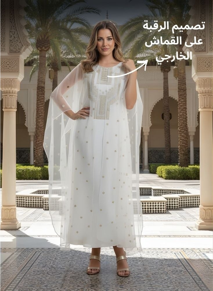 Premium Asiri White and Gold Jalabiya for Saudi Foundation Day – Elegant Traditional Saudi Dress with Gold Foil Detailing, Festive Asiri Jalabiya Inspired by Saudi National Heritage - Image 3