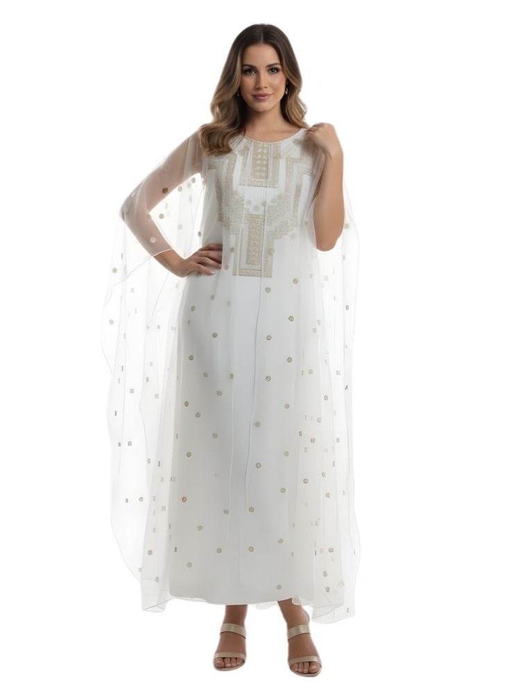 Premium Asiri White and Gold Jalabiya for Saudi Foundation Day – Elegant Traditional Saudi Dress with Gold Foil Detailing, Festive Asiri Jalabiya Inspired by Saudi National Heritage - Image 1