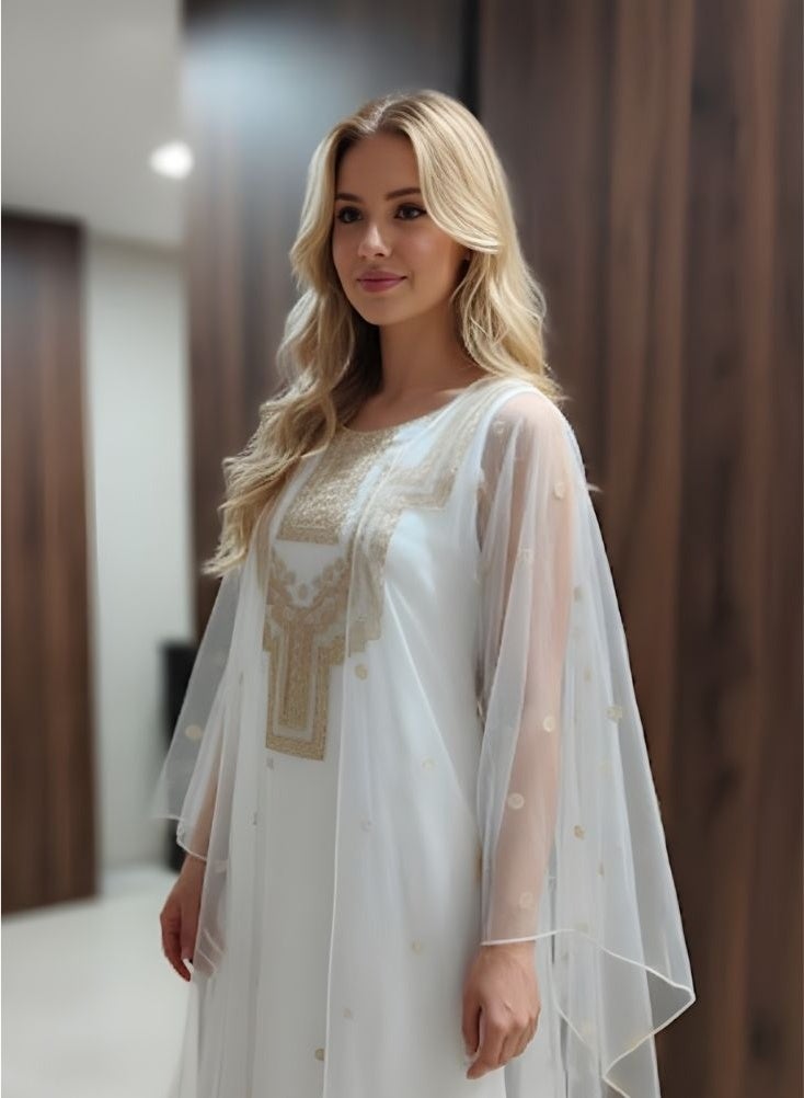 Premium Asiri White and Gold Jalabiya for Saudi Foundation Day – Elegant Traditional Saudi Dress with Gold Foil Detailing, Festive Asiri Jalabiya Inspired by Saudi National Heritage - Image 4