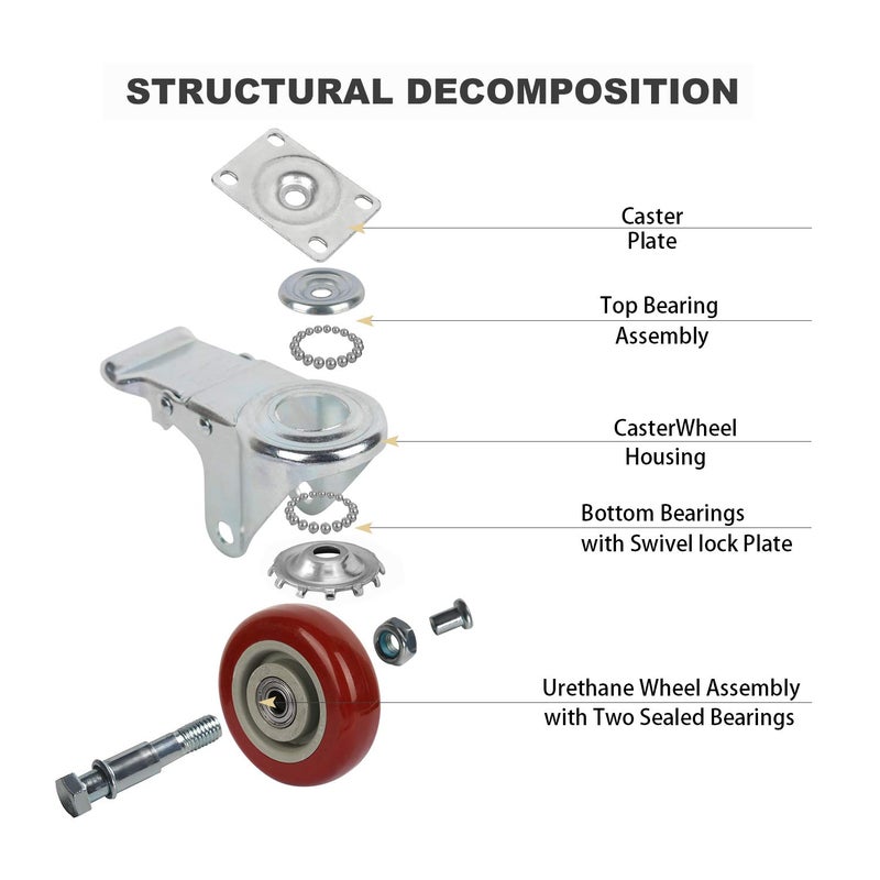 Copsrew Copsrew 3 Swivel Caster Wheels with Safety Dual Locking and Polyurethane Foam No Noise Wheels1000lbs Heavy Duty Casters Set of 4 - Image 2