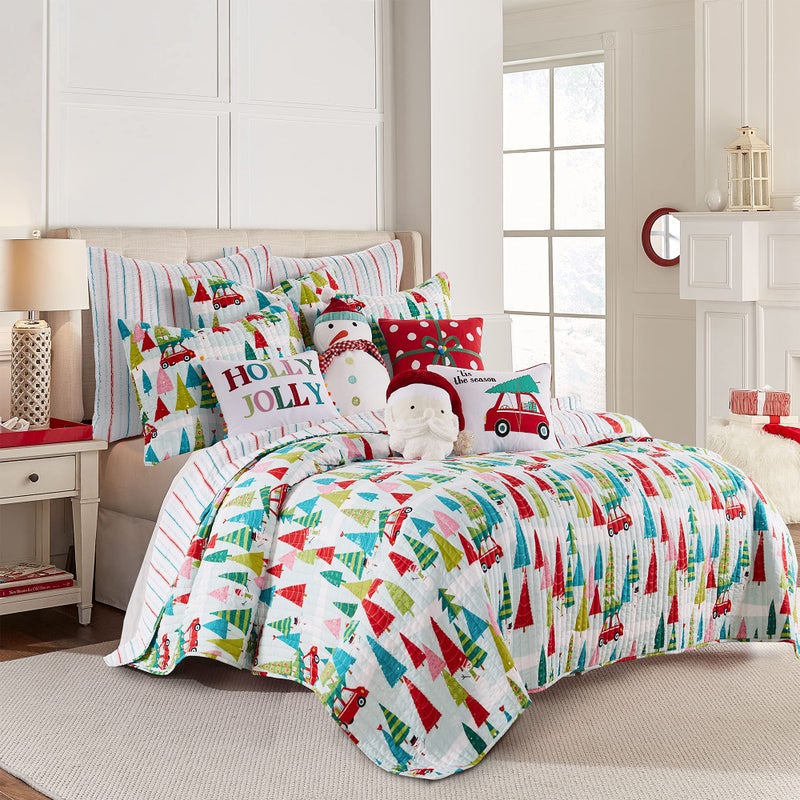 Levtex Home Merry  Bright Collecion  Holly Jolly Quilt  King  Christmas Tree  Red Green Teal Pink  Quilt 102x86in  Reversible  Microfiber