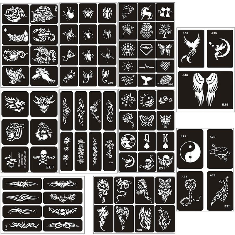 Jurxy 10 Sheets Tattoo Stencil Kit Temporary Tattoo Templates Body Art Designs SelfAdhesive Reusable Tattoo Stickers Kit  Various Patterns for Adults Man Women Kids Teenager  N1