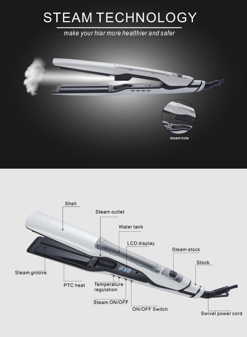 Electric Steam Hair Straightener, Spray, Straightening and Curling Dual-purpose Without Damaging Hairpin, LCD Display, Detachable Water Tank, Auto Shut-off After 1 Hour - Image 3