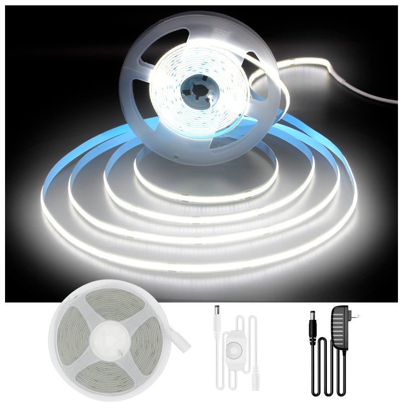 DAYBETTER COB LED Strip, 16.4 ft White LED Strip Lights, Dimmable LED Light Strip 6500K Bright Daylight White, 24V, 1600LEDs, 2835 Flexible LED Tape Light for TV, Bedroom, Kitchen Cabinet, Closet - Image 1
