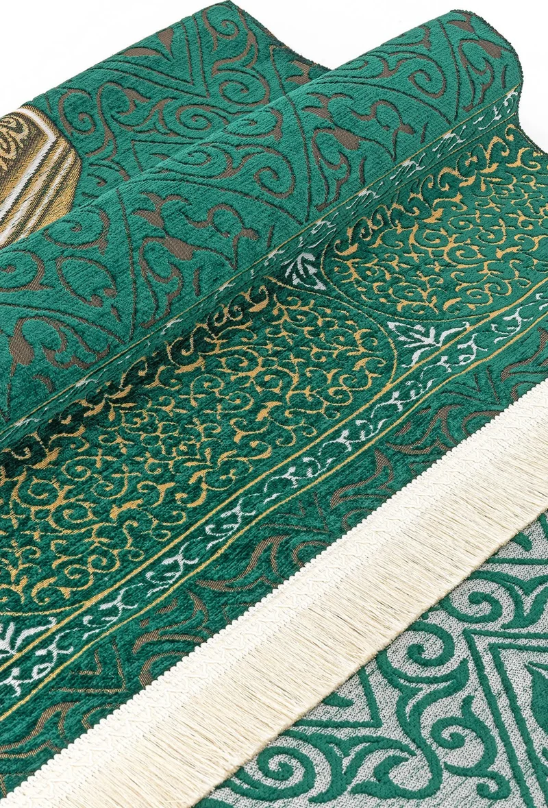 ايهفان اونلاين Ihvan Online Makam Ibrahim Modeled Ultra Luxury Green Color Chenille Prayer Rug 20