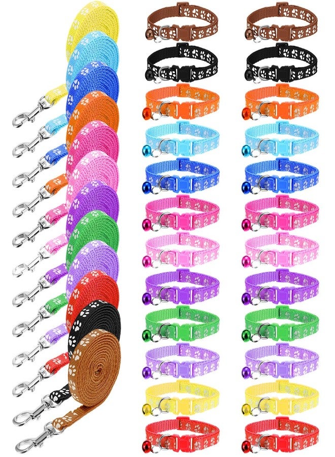 Caeuiciw 48 Pcs Dog Collar and Leash Set, Polypropylene Adjustable Puppy Collars for Small Pet Puppy Walking Training with Hook and Buckle, Litter Size(Multicolor,Paws Pattern) - Image 1