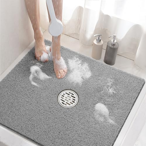 HITSLAM Square Shower Mat, 24 x 24 Inch Non Slip Bath Mat for Tub, Soft PVC Loofah Bathtub Mats with Drain Holes, Quick Drying Bathroom Stall Floor Mat, Bathroom Accessories Without Suction Cup, Grey - Image 1